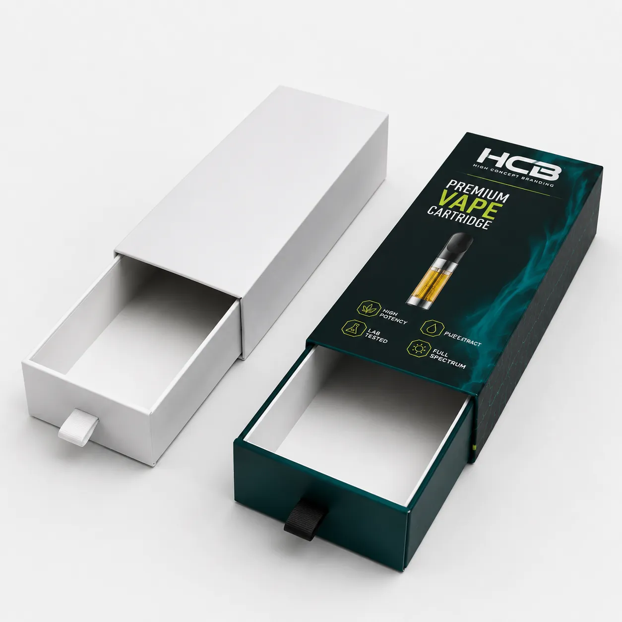 Custom rigid drawer vape cartridge packaging featuring a dark teal printed sleeve and white mockup box. class=